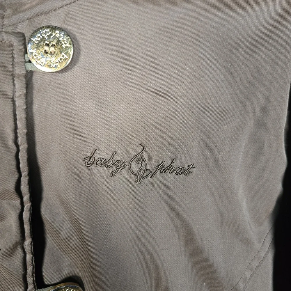 Vintage Y2K Baby Phat Jacket Women's XL Bomber Puffer Brown Hooded Cat Logo Down
